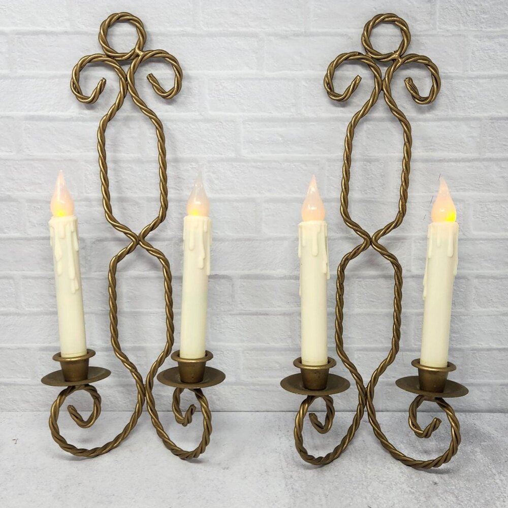 Vintage Pair Mid-Century Gold Brass Twisted Rope Wire Candle Holders MCM Candle